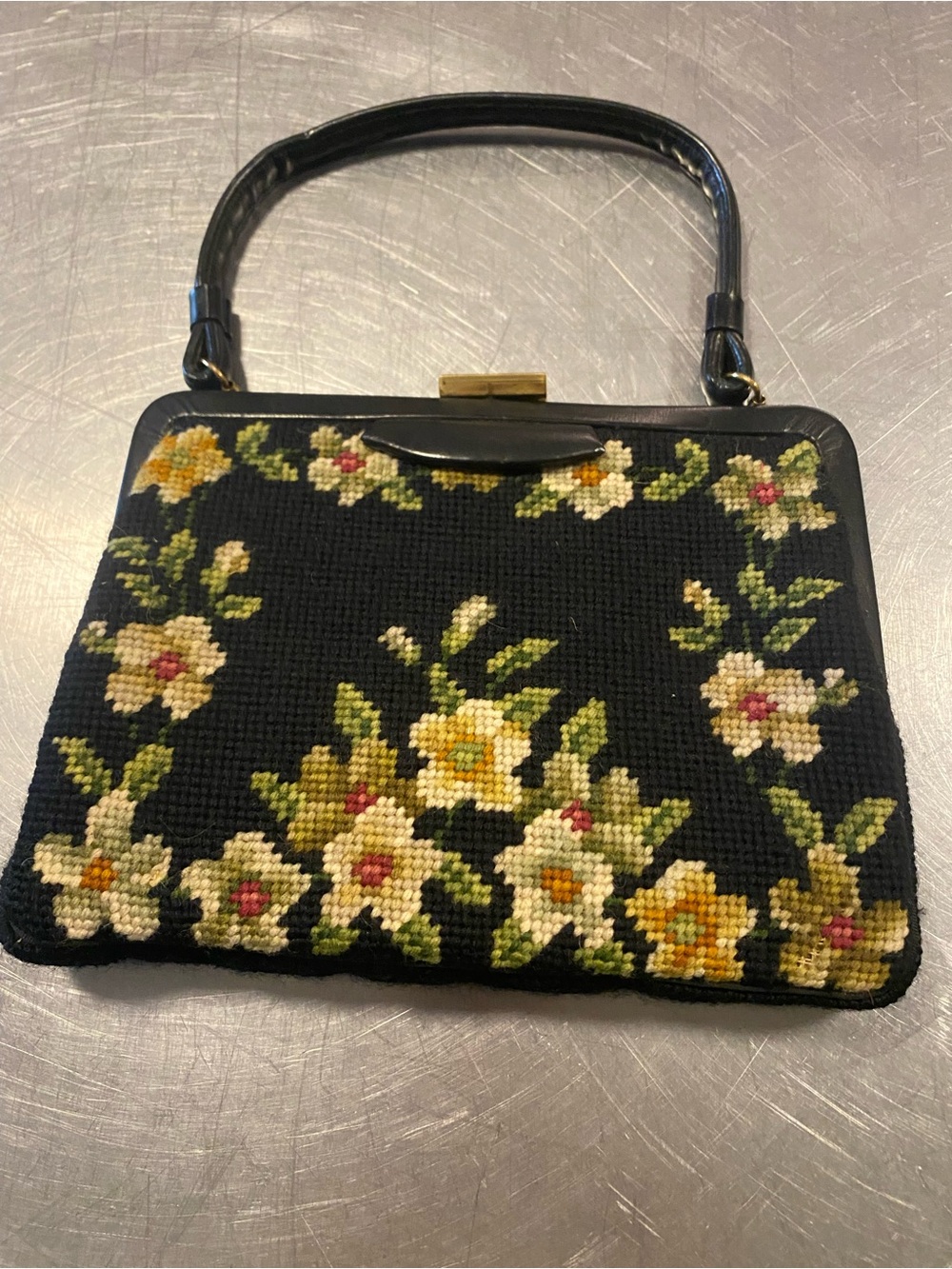 Vintage Floral Needlepoint Top-Handle Bag in Black and Cream